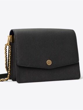Tory Burch Robinson Chain Wallet Crossbody Black Saffiano Leather Gold Tone